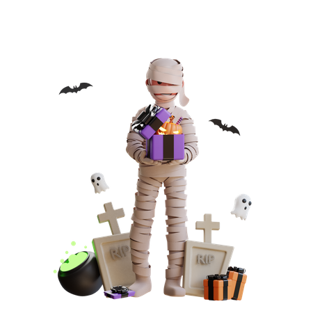 Scary Mummy holding Halloween gift  3D Illustration