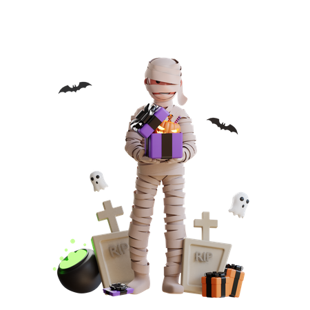 Scary Mummy holding Halloween gift 3D Illustration