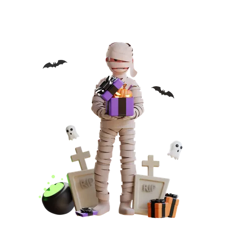Scary Mummy holding Halloween gift  3D Illustration