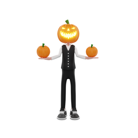 Scary Pumpkin man with pumpkins in both hands  3D Illustration