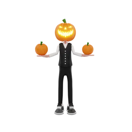 Scary Pumpkin man with pumpkins in both hands  3D Illustration