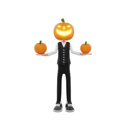 Scary Pumpkin man with pumpkins in both hands 3D Illustration