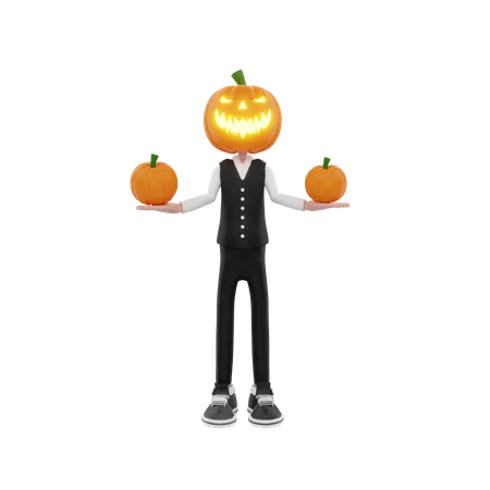 Scary Pumpkin man with pumpkins in both hands 3D Illustration