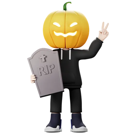 Scary Pumpkin with grave stone showing peace sign  3D Illustration