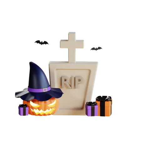 Scary Pumpkin with graveyard stone  3D Illustration