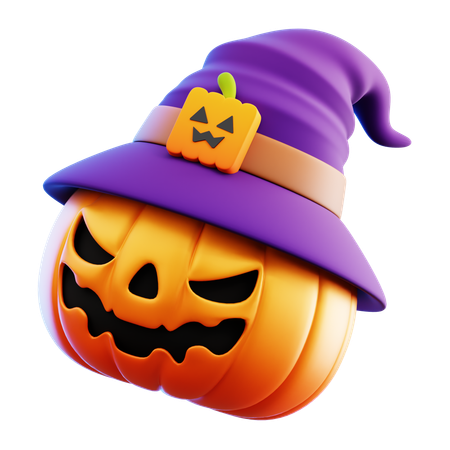 Scary Pumpkin With Witch Hat  3D Icon