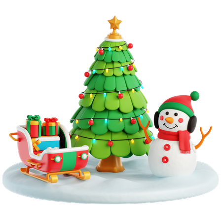 Schlitten, Schneemann und Weihnachtsbaum  3D Icon