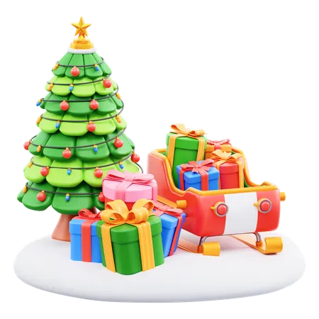 Schlitten und Weihnachtsbaum  3D Icon