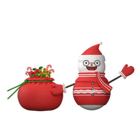 Schneemann mit Weihnachtsmann-Geschenktüte  3D Illustration