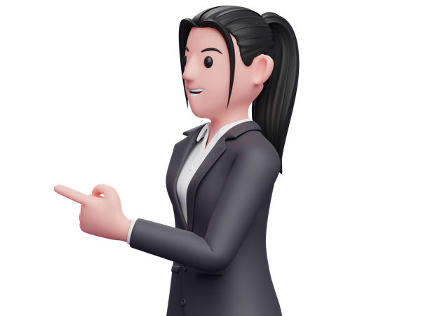 Schöne Geschäftsfrau, die zur Seite schaut und mit dem Finger zeigt  3D Illustration