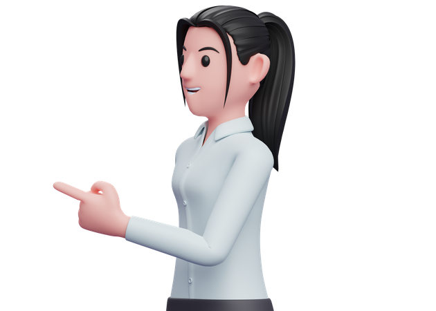 Schöne Geschäftsfrau, die zur Seite schaut und mit dem Finger zeigt  3D Icon