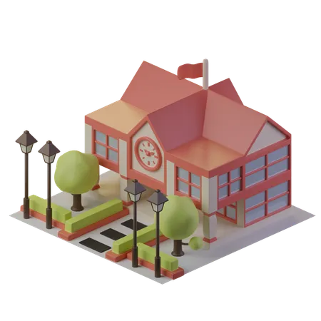 School Isometric Building With Trees And Street Lights 3D Illustration