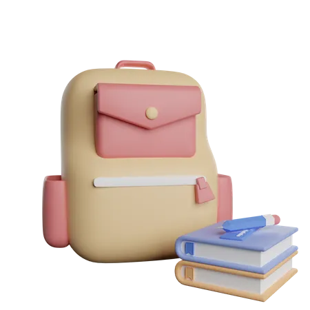 School Bag And Books 3D Illustration