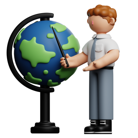 School Boy Pointing Globe Using Stick  3D Icon