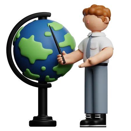 School Boy Pointing Globe Using Stick  3D Icon