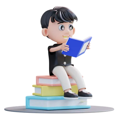 School boy reading book  3D Illustration