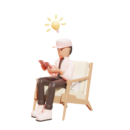 School boy reading book while sitting on armchair  3D Icon