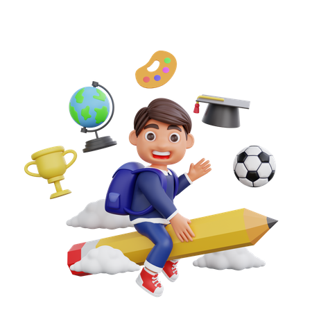 School boy riding on pencil  3D Illustration