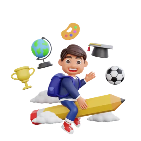 School boy riding on pencil  3D Illustration