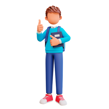 School boy showing thumbs up and holding book 3D Illustration