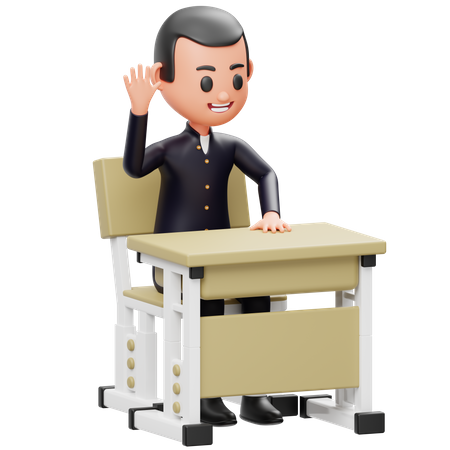 School boy Sitting And Raising Hand  3D Illustration