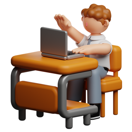 School Boy Working On Laptop At Desk  3D Icon