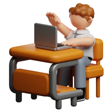 School Boy Working On Laptop At Desk  3D Icon