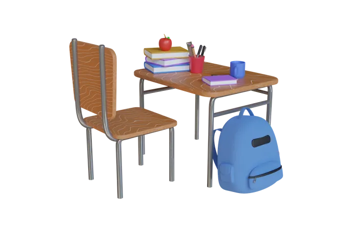 School Desk With School Accessory And Blue Backpack 3 D Rendering Home Learning And Study Desk With Book Pen And School Backpack Concept Of Education And Back To School 3 D Illustration 3D Illustration
