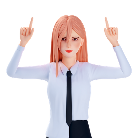 School girl pointing at top use both hand  3D Illustration