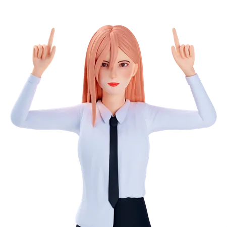 School girl pointing at top use both hand  3D Illustration