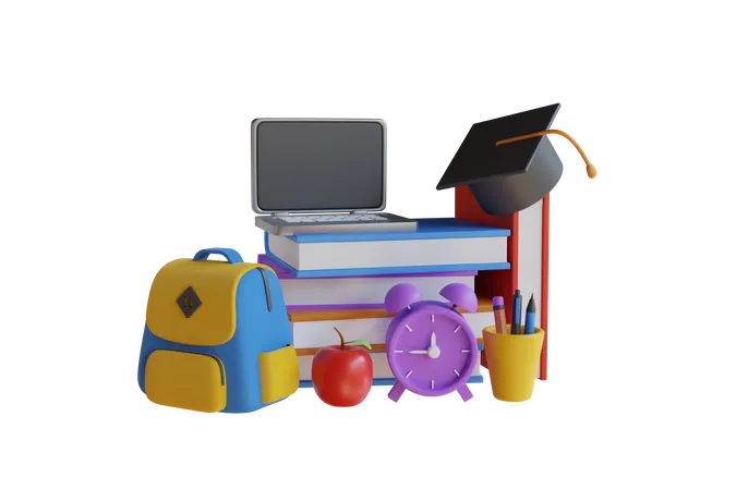 10 3 D Illustration Of Back To School School Time Concept Books With Alarm Clock School Backpack Pen Laptop And Toga Hat 3 D Illustration 3D Illustration