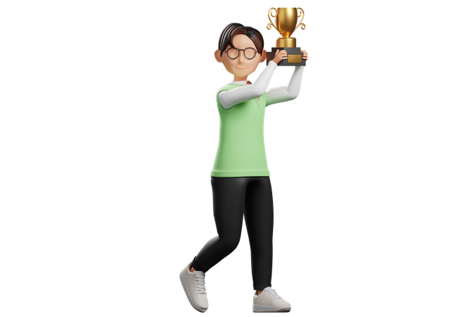 School uniform male student holding trophy  3D Illustration