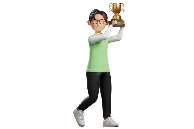 School uniform male student holding trophy  3D Illustration