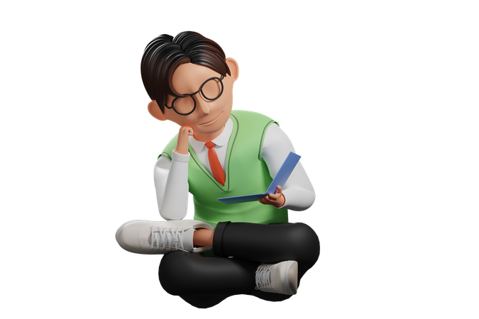 School uniform male student reading book  3D Illustration