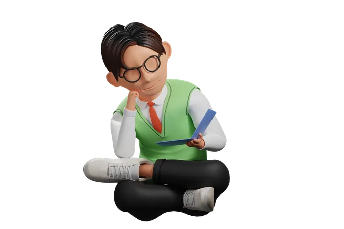 School uniform male student reading book  3D Illustration