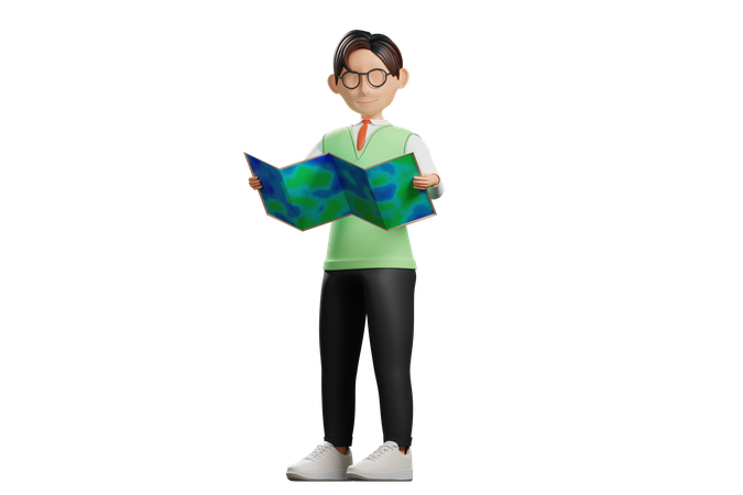 School uniform male student reading map  3D Illustration