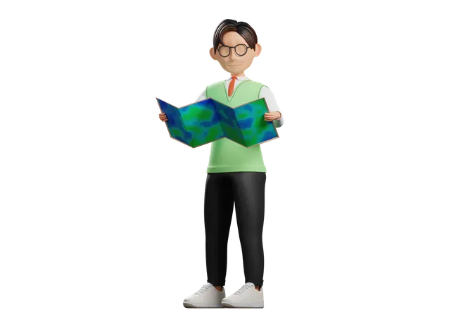 School uniform male student reading map  3D Illustration