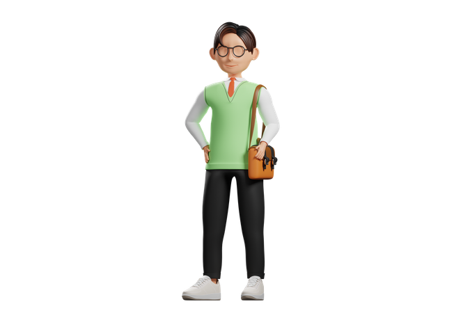 School uniform male student walking while carrying bag  3D Illustration