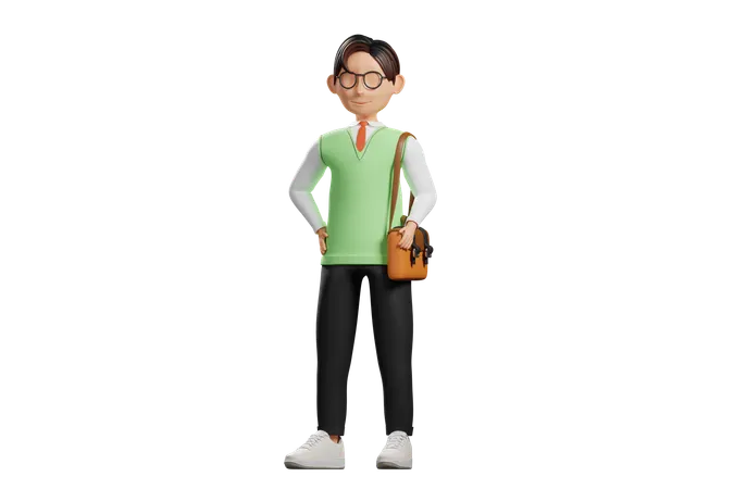 School uniform male student walking while carrying bag  3D Illustration