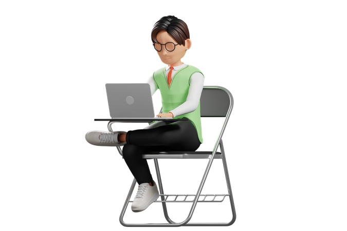 School uniform male student working on laptop  3D Illustration