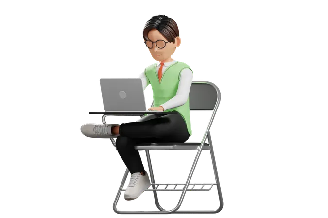 School uniform male student working on laptop  3D Illustration
