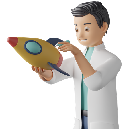 Scientist repairing rocket 3D Illustration