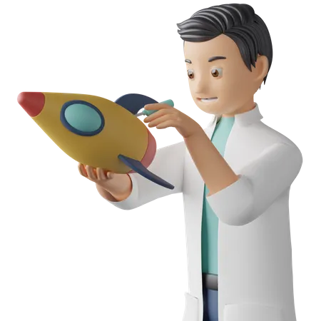 Scientist repairing rocket  3D Illustration