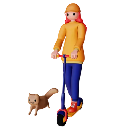 Femme équitation scooter avec chat  3D Illustration