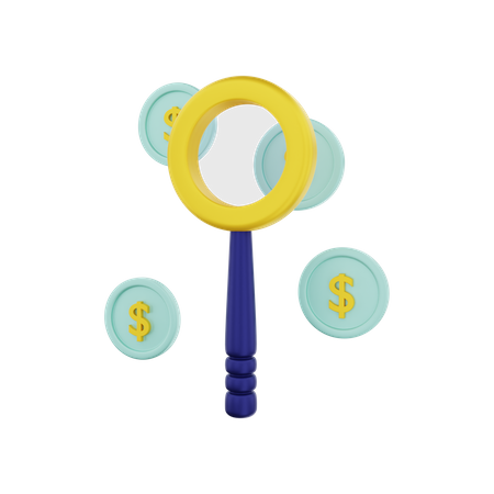 Search coin money with magnifying glass  3D Illustration