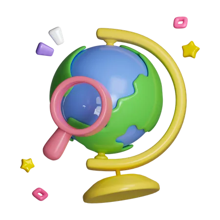 漫画の地球儀と虫眼鏡の検索コンセプト。パステル調の背景に分離されたベースに世界地図が付いた惑星地球モデル。 3 D レンダリング イラスト 3D Icon