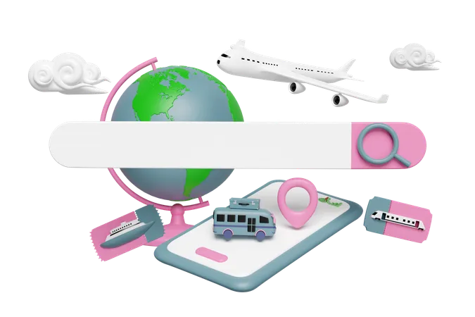 Search Bar With Smartphone Plane Location Pin GPS Navigator Map Orb Boat Train Tickets Bus Cloud Isolated Summer Travel Delivery Concept 3 D Render Illustration 3D Icon