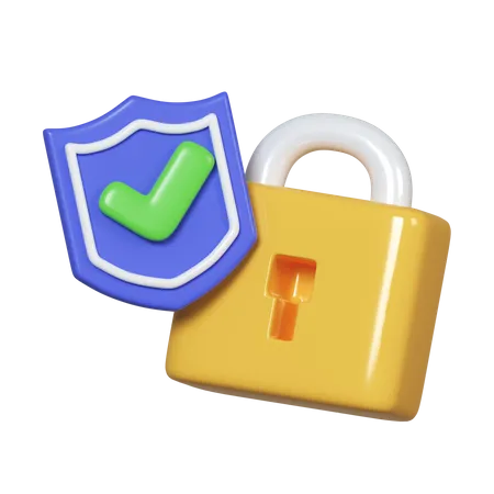 Shield With Tick And Padlock 3 D Render Security And Safety Concept Protection And Privacy Symbol Internet Data Or Password Security Guarantee Sign 3 D Rendering Illustration 3D Icon