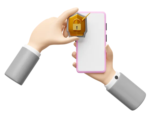 Businessman Hand Hold Mobile Phone Or Smartphone With Golden Shield Check Isolated Internet Security Or Privacy Protection Ransomware Protect Concept 3D Icon