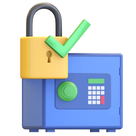 Money Safe Box Locker With Padlock And Check Mark Icon 3 D Render Illustration 3D Illustration